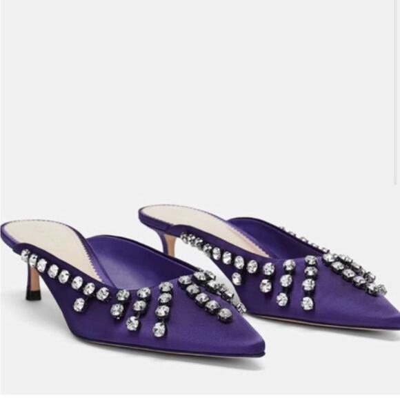 Zara Satin Embellished Rhinestone Fringe Heeled Mules Size 6.5 - Picture 2 of 9